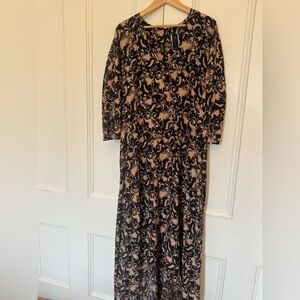 ZERO + MARIA CORNEJO Isle Dress Sz 18 Sample Black Tan Floral Silk 3/4 Sleeve